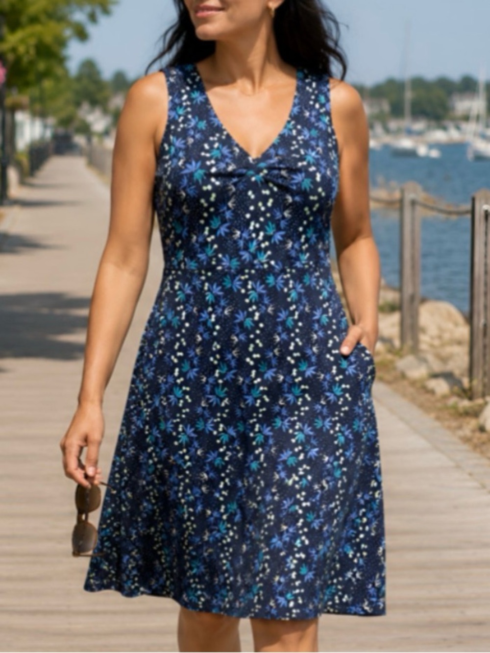 Toad&Co Rosemarie Sleeveless Dress Tencel Organic Cotton Pocket Navy Floral Sm